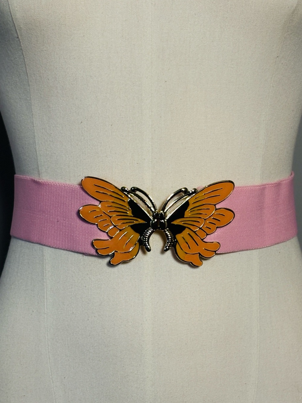 Pink Elastic Belt with Orange Butterfly Buckle